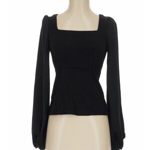 Maeve Anthropologie Black Square Neck Balloon Sleeve Blouse Mixed Textile